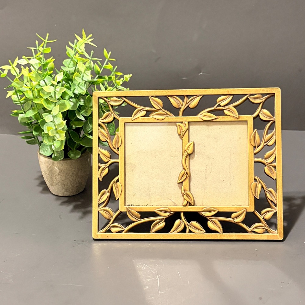 Vintage Gold Tone Metal Double Picture Frame Leaf and Vine Botanical Tabletop